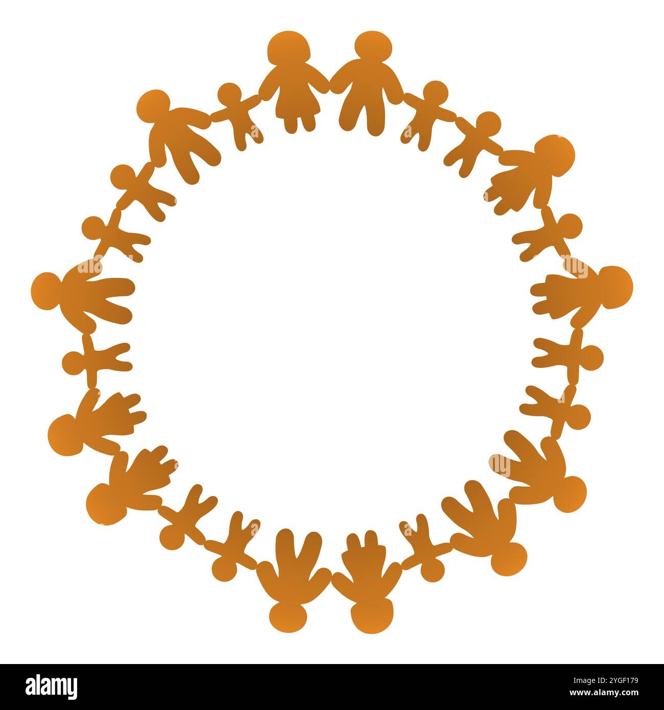 Kreis mit Lebkuchenfiguren, die die Hände halten. Männer, Frauen und Kinder stehen im Kreis und halten die Hände. Vernetzte Menschen, die einen Kreis bilden. Stockfoto