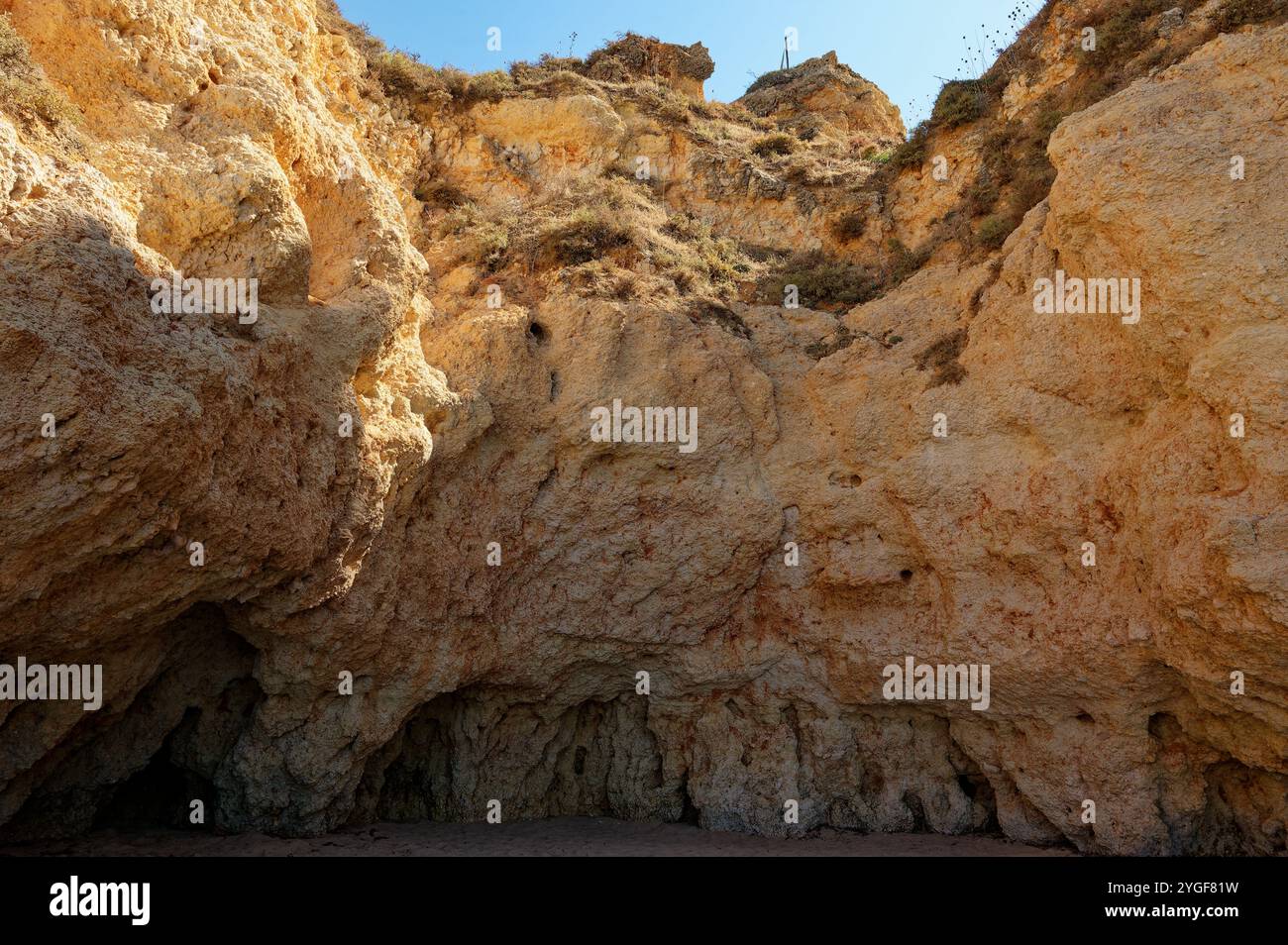Sonnendurchflutete Klippen mit zerklüfteten Texturen und natürlichen Formationen in praia da rocha, portugal, die die Schönheit der geologischen Küstengebiete zeigen Stockfoto