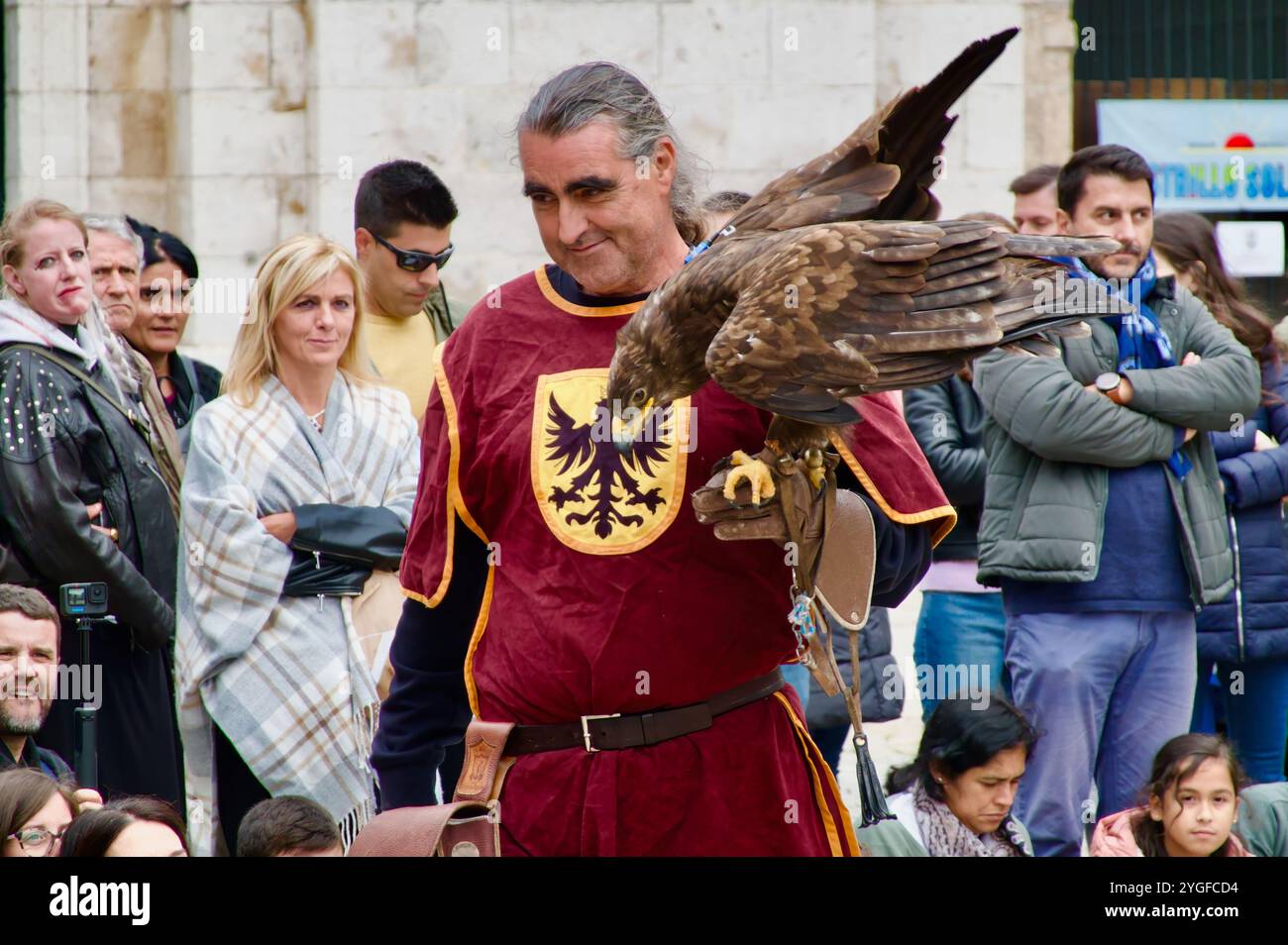 Ein Vogelführer in mittelalterlicher Tracht mit einem goldenen Adler Aquila chrysaetos während einer Ausstellung von Raubvögeln bei den El Cid Fiestas Burgos Spain Stockfoto