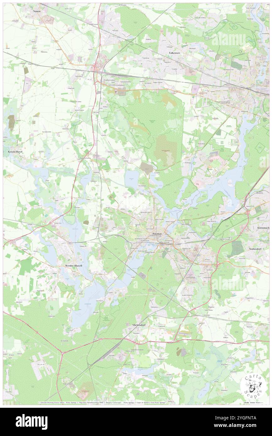 Potsdam, DE, Deutschland, Brandenburg, N 52 23' 55'', N 13 3' 56'', Karte, Kartenausgabe 2024. Erkunden Sie Cartascapes, eine Karte, die die vielfältigen Landschaften, Kulturen und Ökosysteme der Erde enthüllt. Reisen Sie durch Zeit und Raum und entdecken Sie die Verflechtungen der Vergangenheit, Gegenwart und Zukunft unseres Planeten. Stockfoto