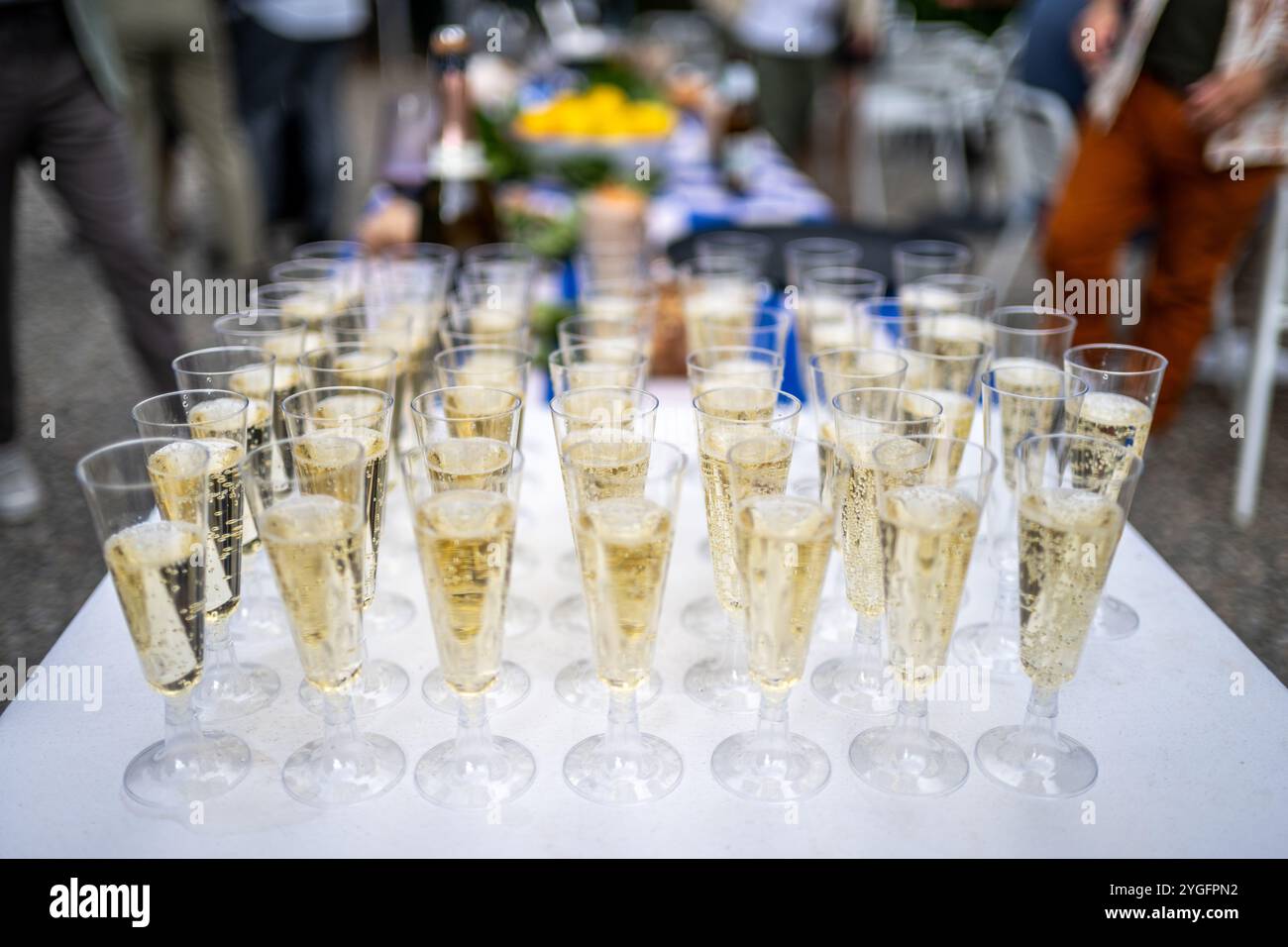 Champagner-gefüllte Gläser, die bei einem Hochzeitsempfang in Malaga, Spanien, elegant auf einem Tisch angeordnet sind und festlich festlich festlich festlich festlich festlich Stockfoto