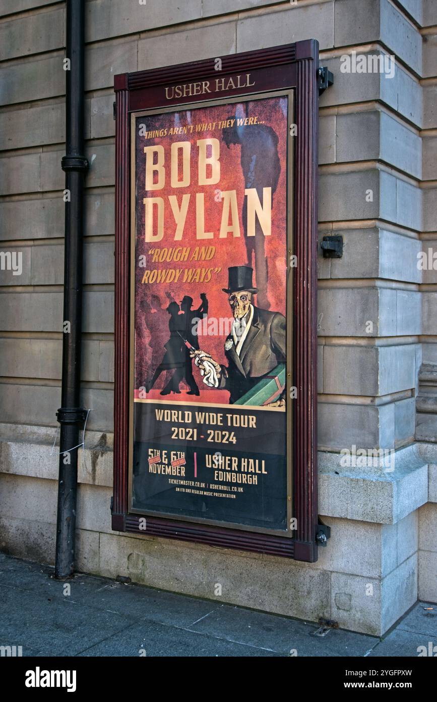 Bob Dylan „Rough and Rowdy Ways“-Tourposter vor der Usher Hall in Edinburgh, Schottland, Großbritannien. Stockfoto