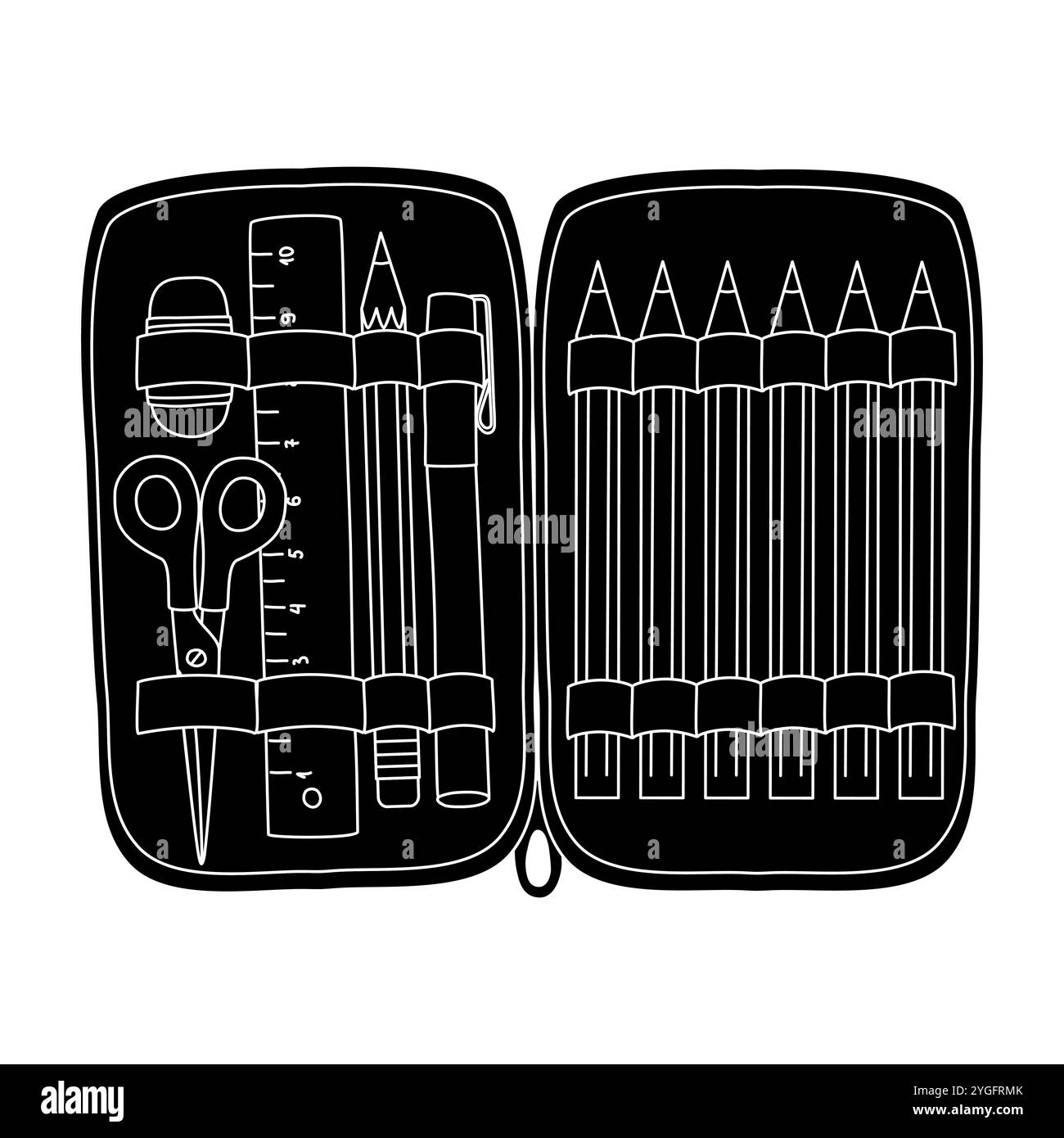 Schwarze Silhouette des Bleistiftetui mit Schulbedarf, Glyphe-Symbol flache Vektor-Illustration Stock Vektor
