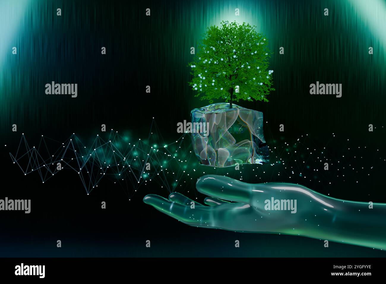 Eine digitale Hand hält einen leuchtenden Baum in einem Würfel und symbolisiert Natur und Technologie. 3D-Rendering Stockfoto