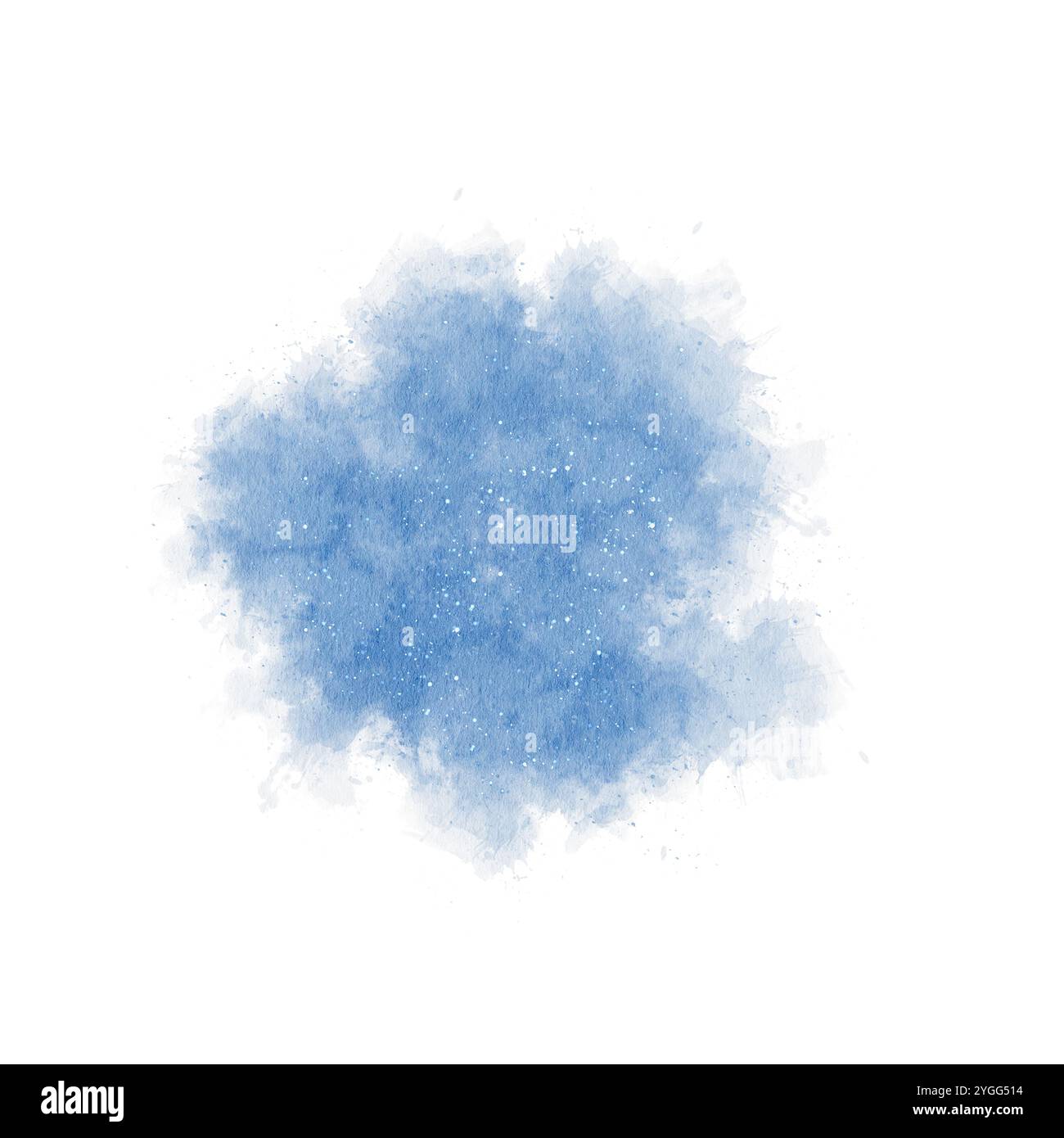 Abstrakter Aquarellfleck in Blau mit weißen Spritzern, klassische Form. Handgezeichnete bunte Spritzer isoliert auf weißem Hintergrund. Zum Drucken, Scrapbooking, Hintergrund, Design und Drucken Stockfoto