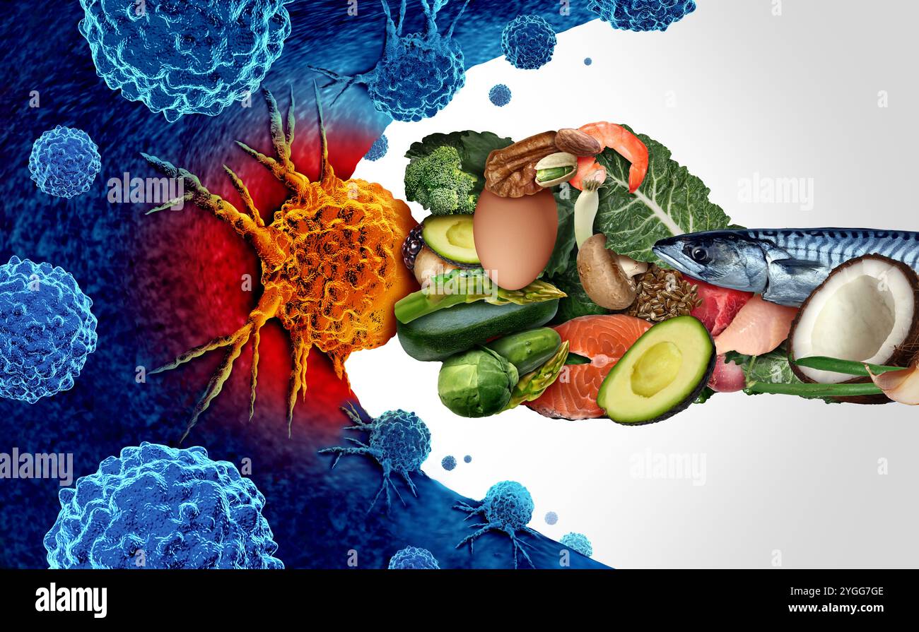 Stoffwechseltherapie zur Krebsbekämpfung mit Stoffwechsel als mögliche Behandlung von kanzerogenen bösartigen Zellen wie Ketogenic Keto Food fighti Stockfoto