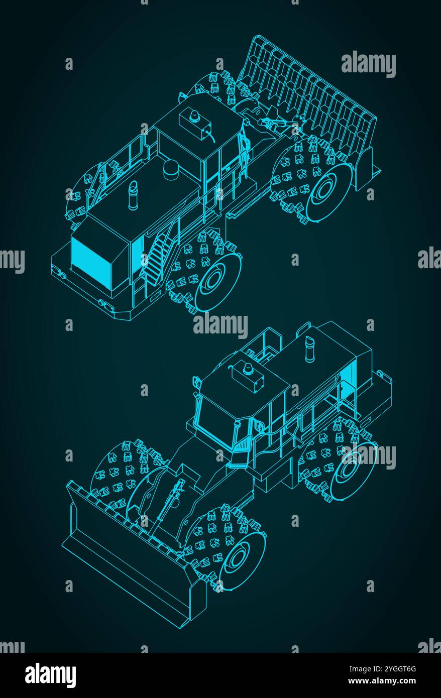 Stilisierte Vektordarstellungen isometrischer Baupläne von Deponieverdichtern Stock Vektor