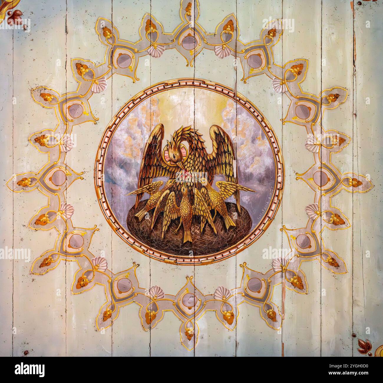 Ponta Delgada, Igreja do Senhor Bom Jesús, Pelikan ernährt seine Jungen, als Symbol Jesu Christi sind Pelikane auch Teil der christlichen Ikonographie, Würze Stockfoto