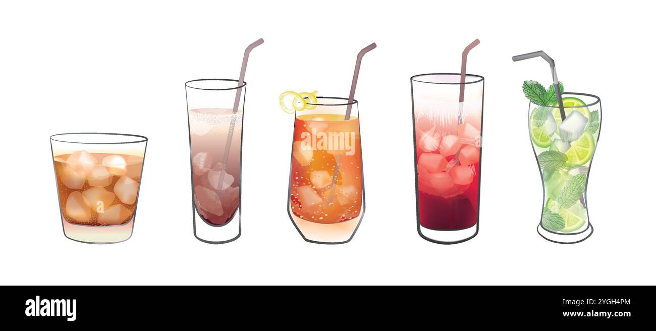 Cocktailset. Cocktailgläser mit Getränken. Mojito Drinks, Whiskey und Limonade, Beiwagen Stock Vektor