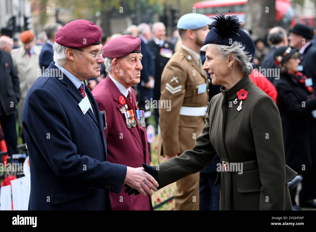 Die Duchess of Gloucester trifft auf Vetraner während eines Besuchs im Field of Remembrance in der Westminster Abbey in London, vor dem Tag des Waffenstillstands. Bilddatum: Donnerstag, 7. November 2024. Stockfoto