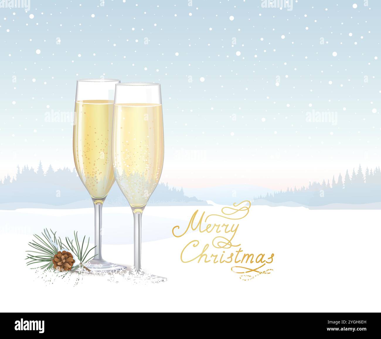 Weihnachten Winter Natur Hintergrund mit zwei Gläsern Champagner, Gruß Frohe Chrismas und Nadelzweig mit Kegel im Schnee Stock Vektor