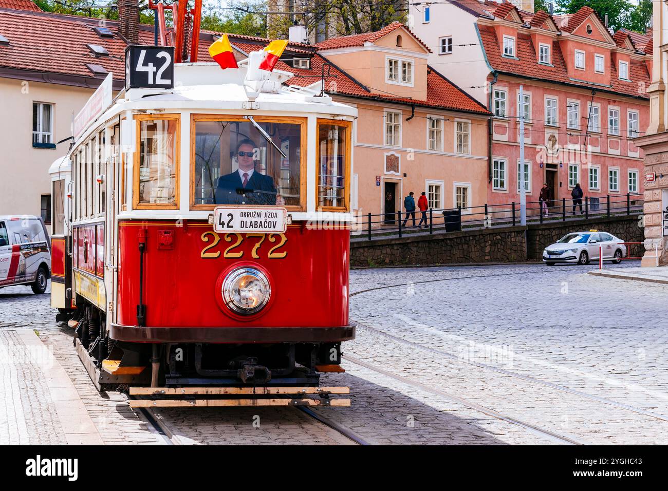 Vintage Tram 42. Prag City Tourismus. Prag, Tschechische Republik, Europa Stockfoto