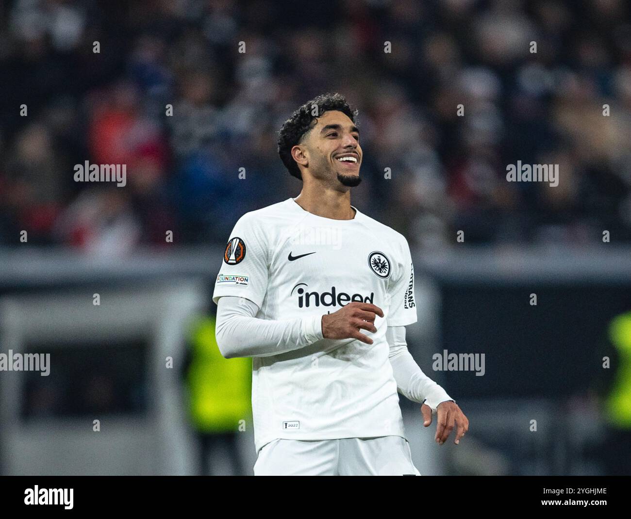 Frankfurt, Deutschland. November 2024. Frankfurt, 7. November 2024 FRANKFURT, DEUTSCHLAND - 7. NOVEMBER: Omar Marmoush von Eintracht Frankfurt reagiert beim UEFA Europa League-Spiel zwischen Eintracht Frankfurt und Slavia Prag am 7. November 2024 im Deutschen Bank Park in Frankfurt. (Foto: Dan O' Connor/ATPImages) Dan O' Connor (Dan O' Connor/ATP Images/SPP) Credit: SPP Sport Press Photo. /Alamy Live News Stockfoto