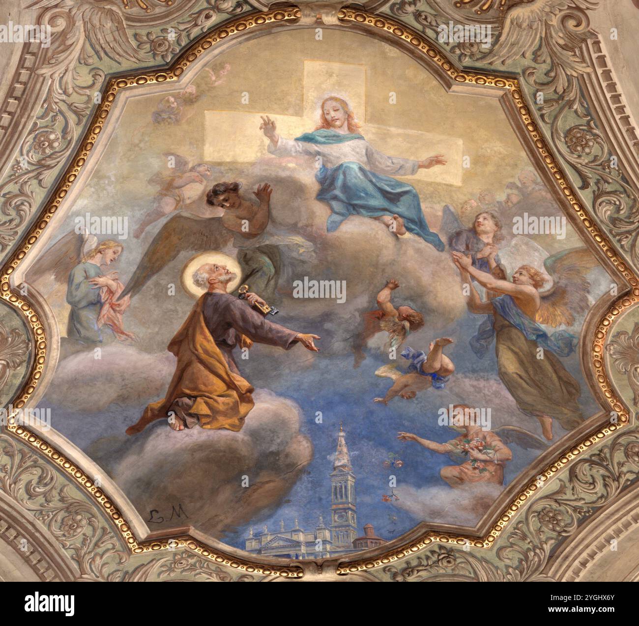 ALESSANDRIA, ITALIEN - 9. SEPTEMBER 2024: Das Fresko von Jeus und St. Peter in der Kathedrale von Luigi Morgari aus dem 20. SEPTEMBER. Cent. Stockfoto