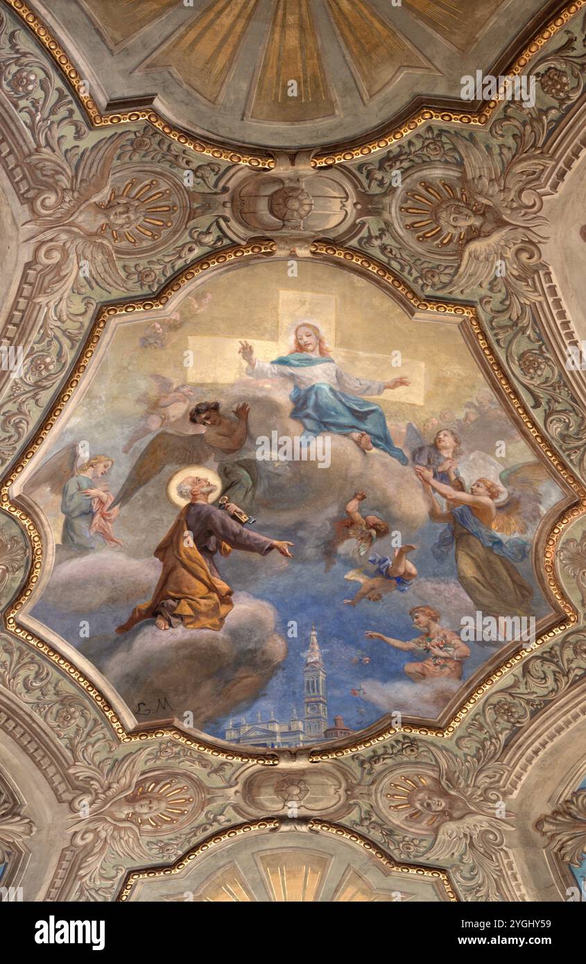 ALESSANDRIA, ITALIEN - 9. SEPTEMBER 2024: Das Fresko von Jeus und St. Peter in der Kathedrale von Luigi Morgari aus dem 20. SEPTEMBER. Cent. Stockfoto