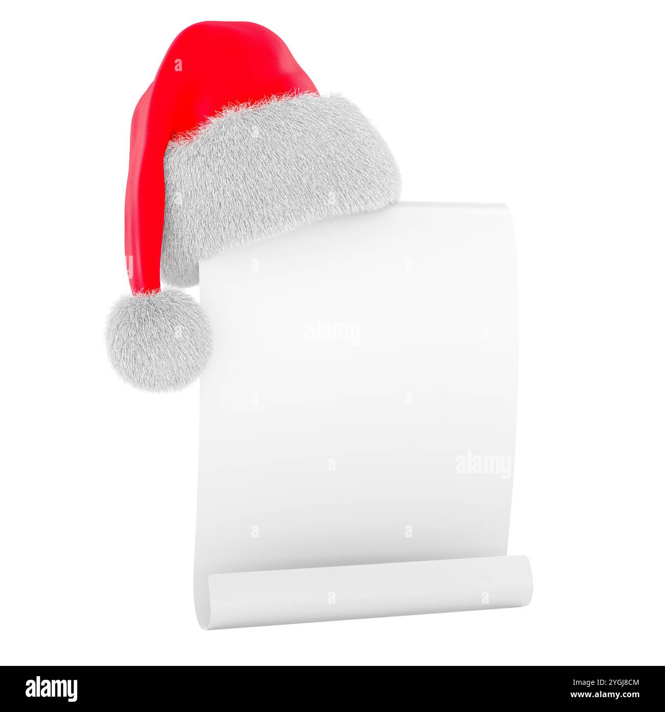 Leere Weihnachtsrolle mit Weihnachtsmütze, 3D-Rendering isoliert auf weißem Hintergrund Stockfoto