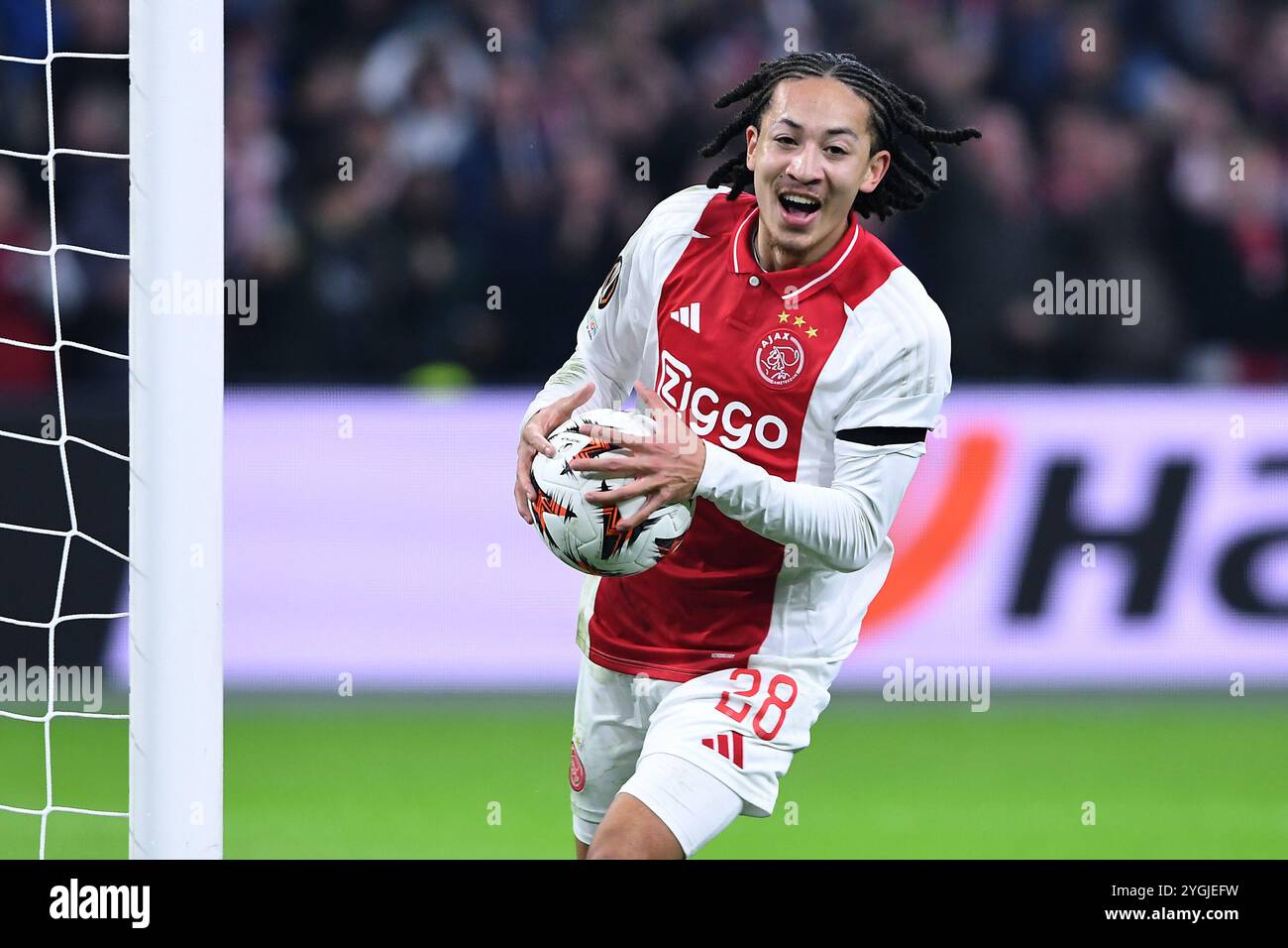 Amsterdam, Deutschland. November 2024. Fussball UEFA Europa League 4. Spieltag Ajax Amsterdam - Maccabi Tel Aviv am 07.11.2024 in der Johan Cruijff Arena in Amsterdam Torjubel Kian Fitz-Jim ( Amsterdam ) Foto: Revierfoto Credit: ddp Media GmbH/Alamy Live News Stockfoto