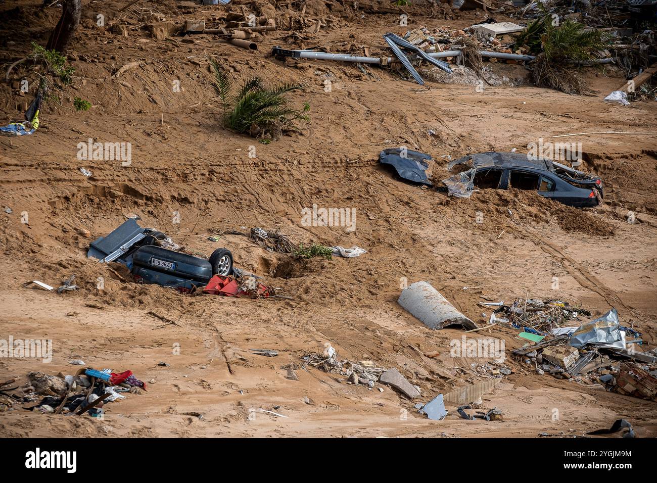 Auswirkungen der DANA-Überschwemmungen vom 29. Oktober 2024 in Rambla del Poyo oder barranco del Poyo, Paiporta, Comunidad de Valencia, Spanien Stockfoto