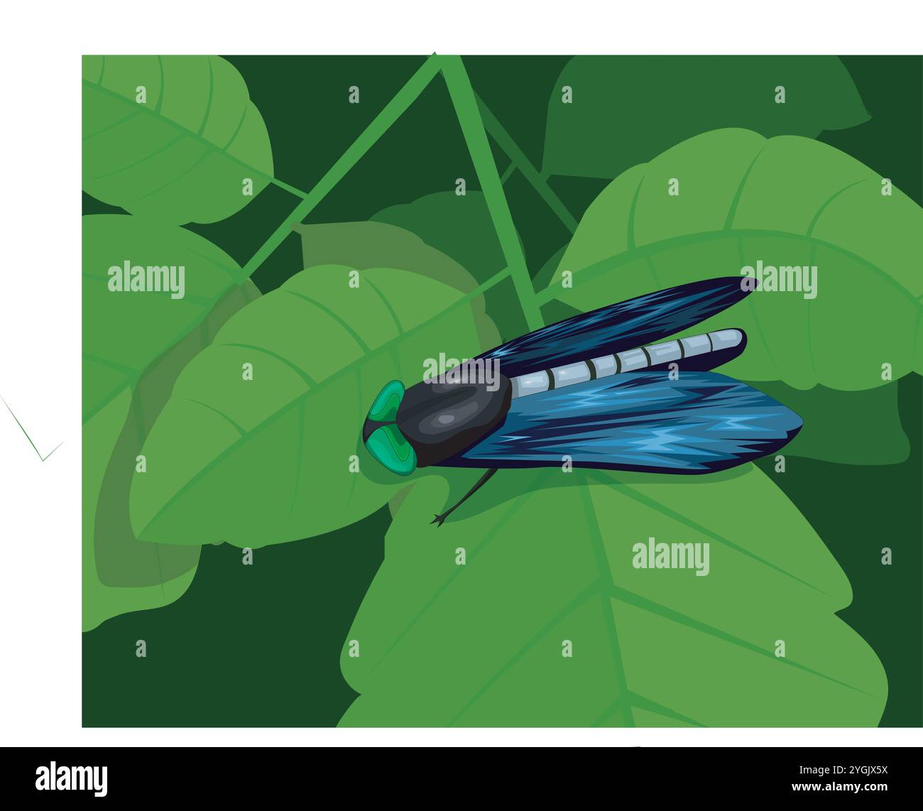 Nahaufnahme eines kleinen: Lebendige blaue Wimpern, die zart auf einem üppig grünen Blatt mit komplexen Adern ruhen und die Schönheit der Natur und moderne Kunst zeigen Stock Vektor