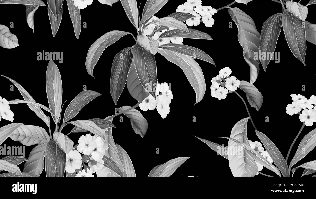 Nahtloses Blumenmuster, Woolly Rock Jasmin Blüten und Cordyline fruticosa Firebrand Pflanze in Schwarz und weiß Stock Vektor