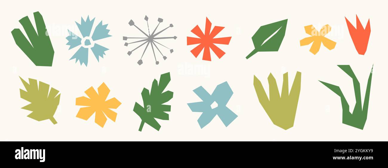 Kollektion mit organischen Elementen aus Papier. Farbenfrohes Set mit abstraktem Blumendesign. Kid Schnitt Pflanzen, Blumen, Blattbündel zur Dekoration, Poster, Banner, Druck. Kinder-Illustration-Paket. Vektor Stock Vektor