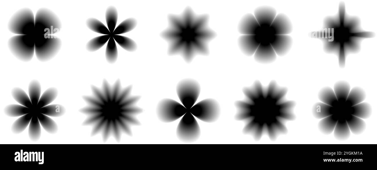 Schwarzes, glattes, verschwommenes Verlaufsformular. Grunge Unschärfe Aura Shape Kollektion. Verblasste abstrakte Elemente für Poster, Vorlage, Abzeichen, Aufkleber, Collage. Unscharfe Blumen, Glitzer und Sterne. Vektor Stock Vektor