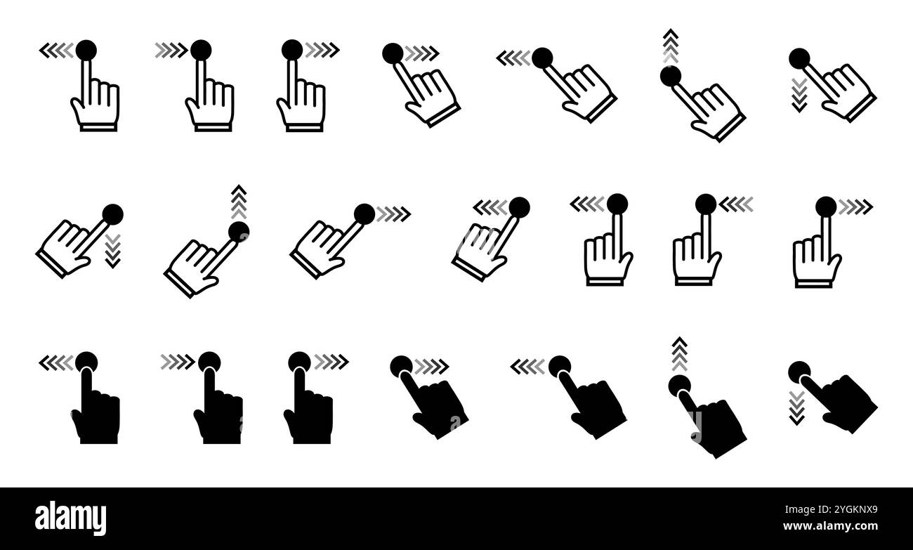 Wischen Sie nach rechts und links nach unten und nach oben und berühren Sie das Scroll-Symbol des Zeigefingers Vektorabbildung. Stock Vektor