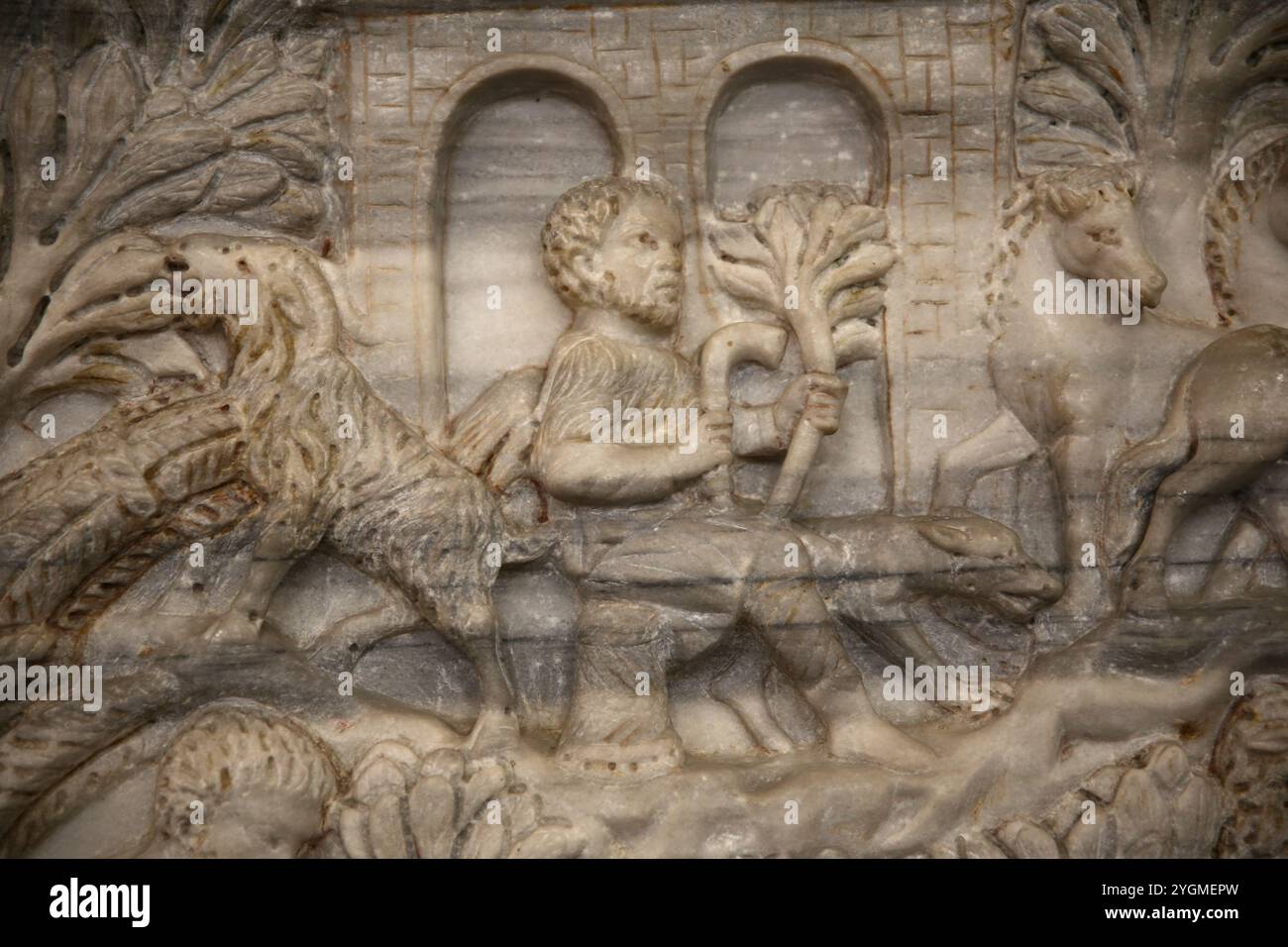 Sarkophag mit Pastoralszenen. 270 Werbung. Marmor. Details der Schafe. Nationales Römisches Museum (Diokletianbäder). Rom. Italien. Stockfoto