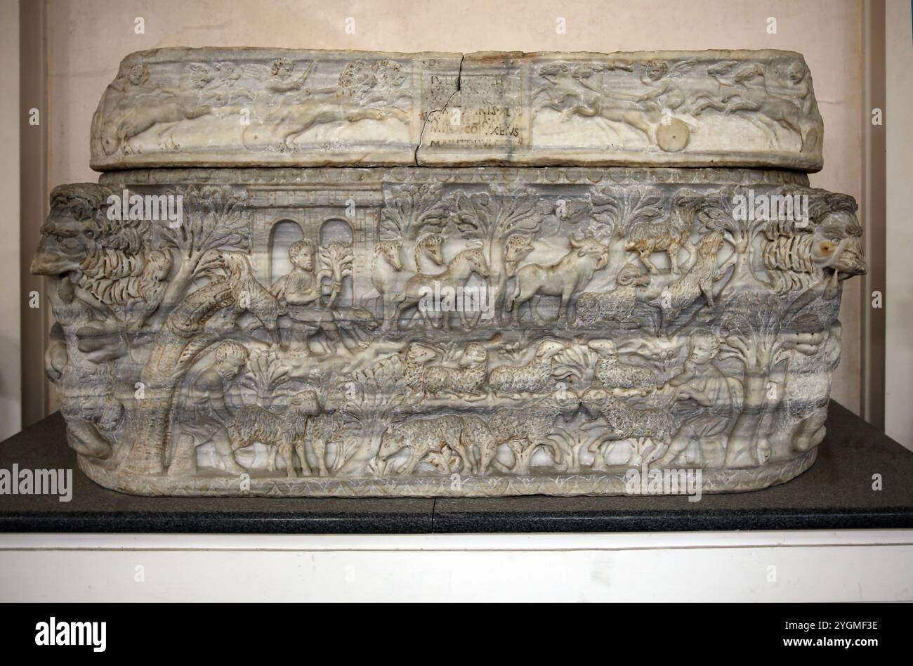 Sarkophag mit Pastoralszenen. 270 Werbung. Marmor. Nationales Römisches Museum (Diokletianbäder). Rom. Italien. Stockfoto