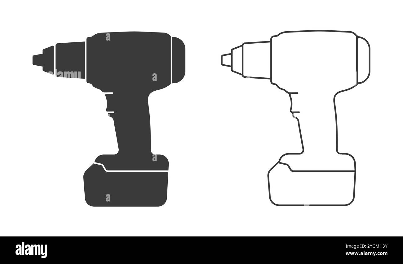 Akku-Schlagschrauber Symbolform. Logo-Schild Akku-Schraubendreher-Bohrmaschine. Reparatur, Werkzeug, Reparatur. Vektorabbildung. Isoliert auf weiß Stock Vektor
