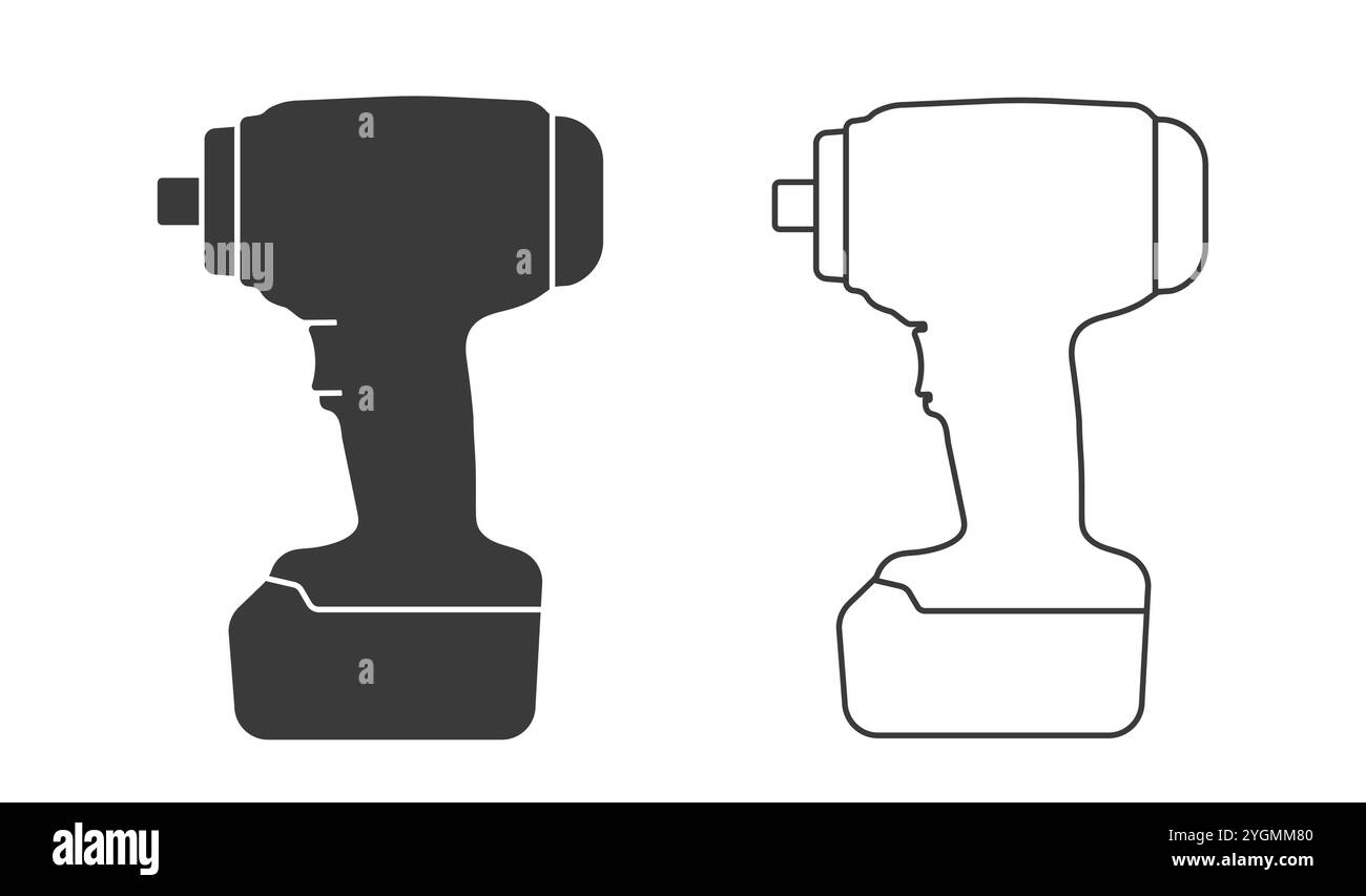 Akku-Schlagschrauber Symbolform Set. Logo-Schild Akku-Schraubendreher-Bohrmaschine. Reparatur, Werkzeug, Reparatur Sammlung. Vektorabbildung. Iso Stock Vektor