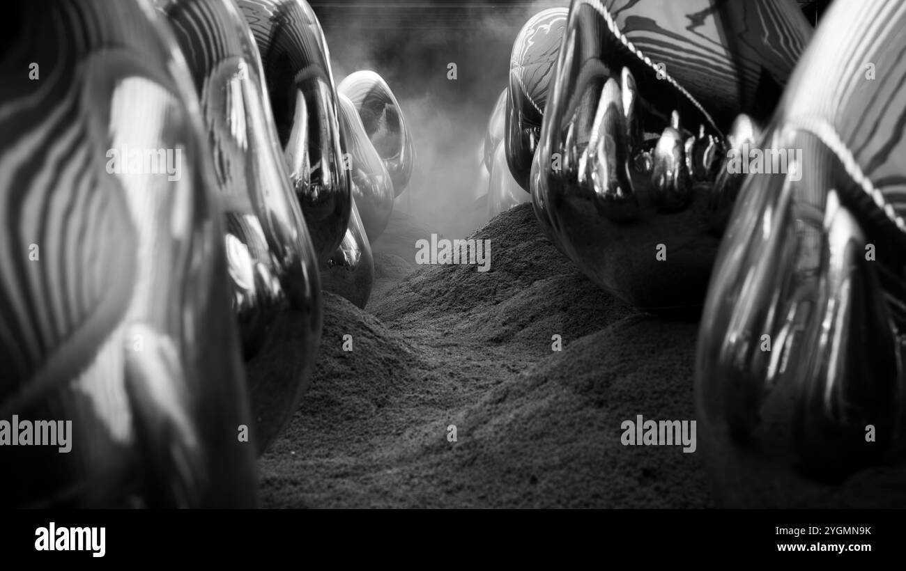 Silber poliert glänzende Alien-Eier in Schwarz und weiß Stockfoto