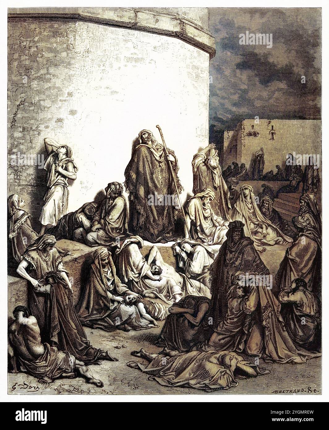 Jeremia beklagt die Verwüstung Jerusalems. Altes Testament. Antike digital gefärbte biblische Illustration von Gustave Doré (1832-1883) Stockfoto