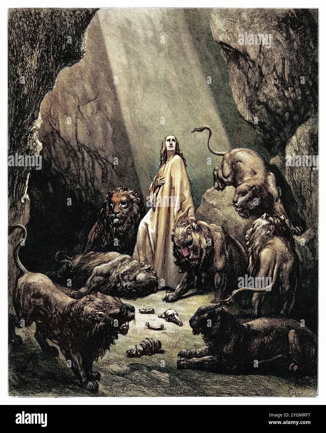 Daniel in der Höhle der Löwen. Altes Testament. Antike digital gefärbte biblische Illustration von Gustave Doré (1832-1883) Stockfoto