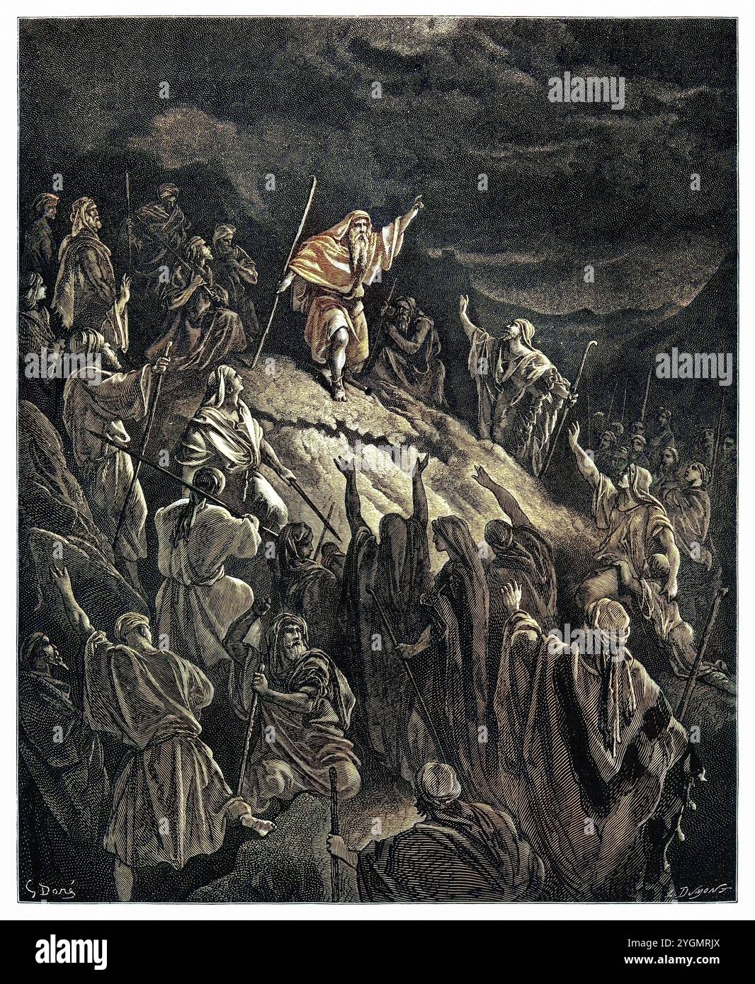 Mattathias ruft die Juden auf, die in den Bergen Zuflucht gefunden haben. Altes Testament. Antike digital gefärbte biblische Illustration von Gustave Doré (1832-1883) Stockfoto