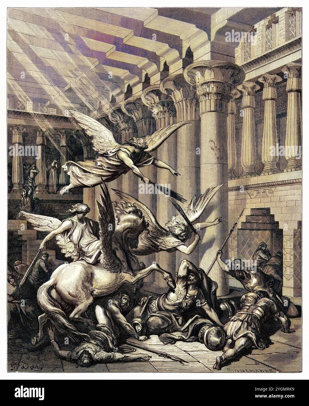 Die Vertreibung von Heliodorus. Heliodorus versucht, Schätze aus dem Tempel von Jerusalem zu holen. Altes Testament. Antike digital gefärbte biblische Illustration von Gustave Doré (1832-1883) Stockfoto