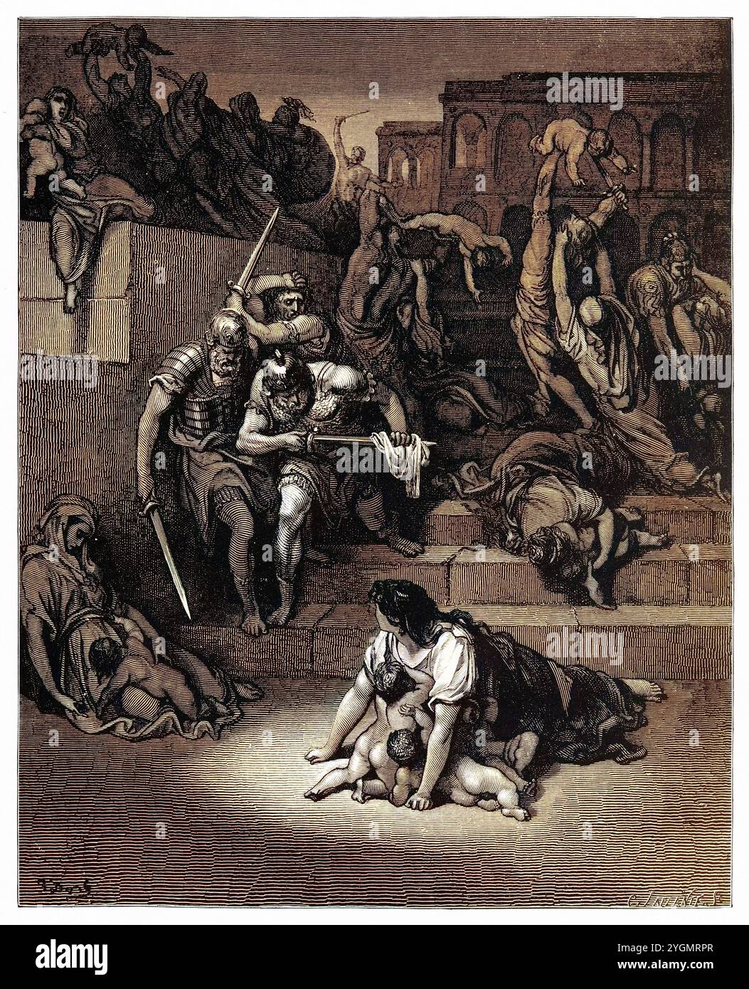 König Herodes befahl das Massaker an den Unschuldigen (Matthäus 2,16). Antike digital gefärbte biblische Illustration von Gustave Doré (1832-1883) Stockfoto