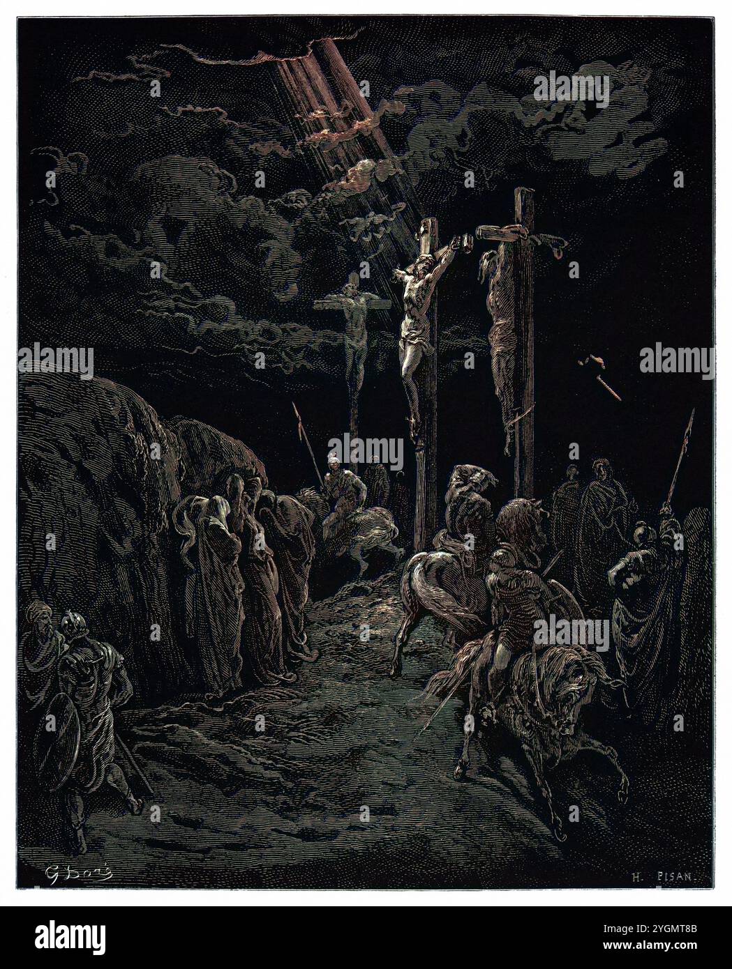 Die Kreuzigung. Der Tod Christi am Kreuz. Neues Testament. Antike digital gefärbte biblische Illustration von Gustave Doré (1832-1883) Stockfoto