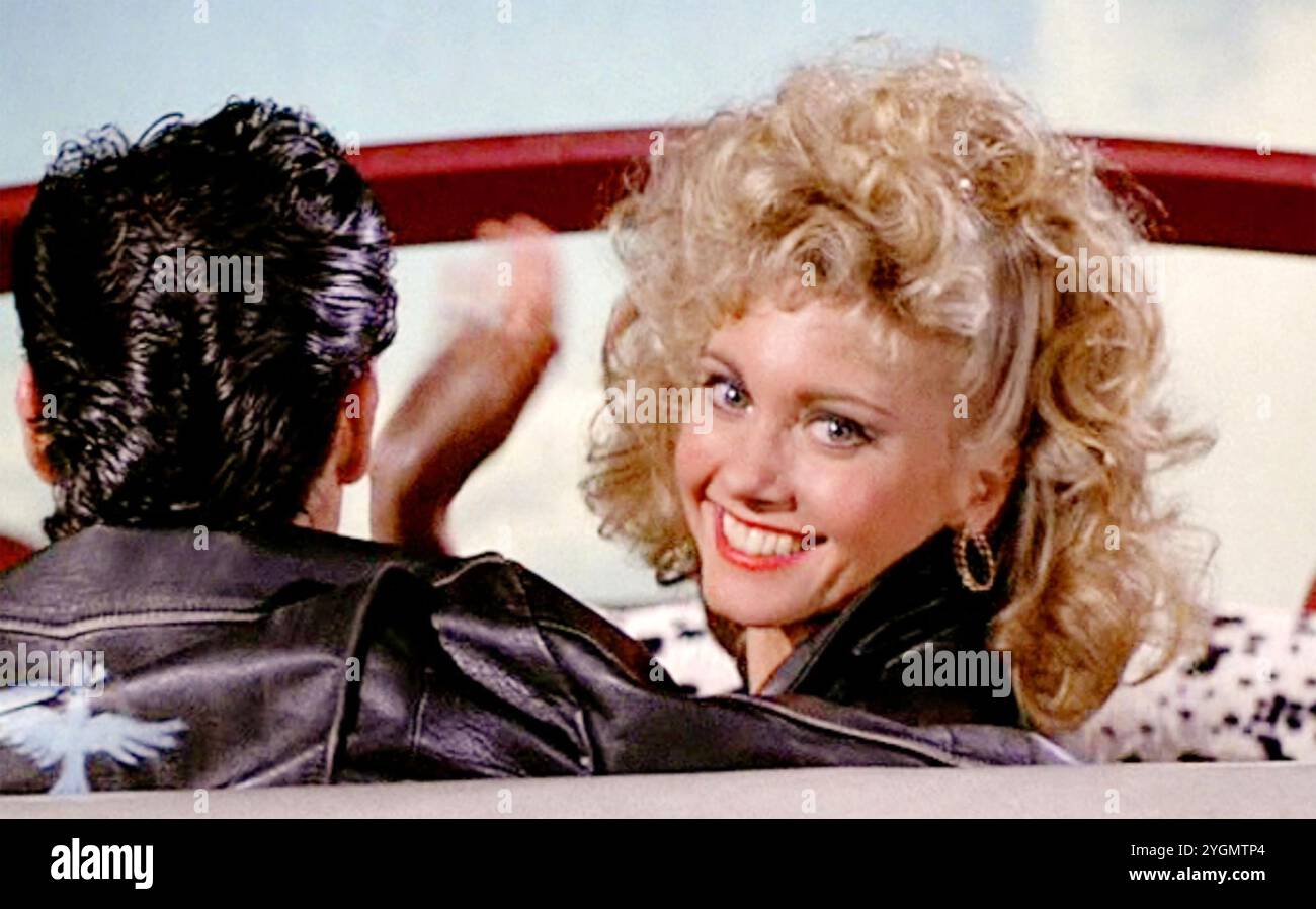 GREASE 1978 Paramount Pictures Filmmusical mit Olivia Newton-John als Sandy Olsson und John Travolta als Danny Zuko. Stockfoto