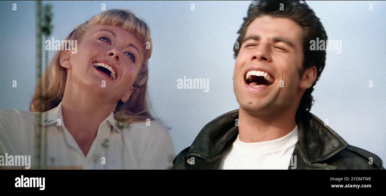 GREASE 1978 Paramount Pictures Filmmusical mit Olivia Newton-John als Sandy Olsson und John Travolta als Danny Zuko. Stockfoto