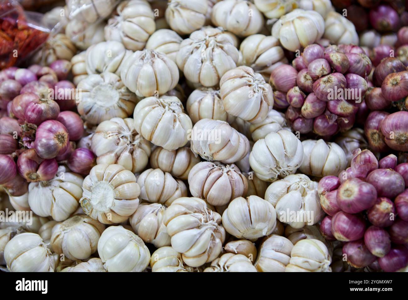 Vollformataufnahme von Knoblauchzwiebeln mit violetter Zwiebel auf dem Markt Stockfoto
