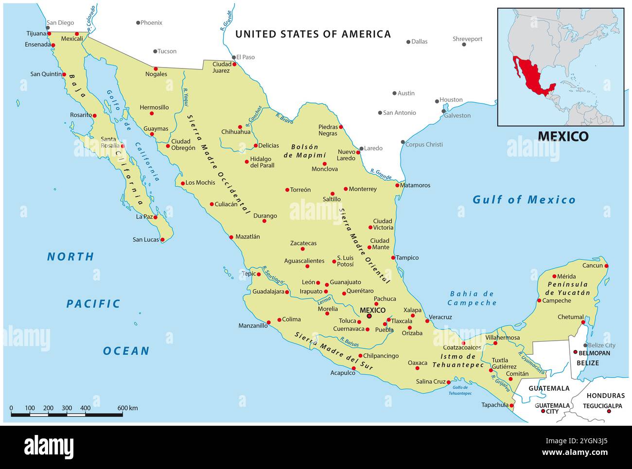 Übersichtskarte von Mexiko mit den wichtigsten Städten Stockfoto