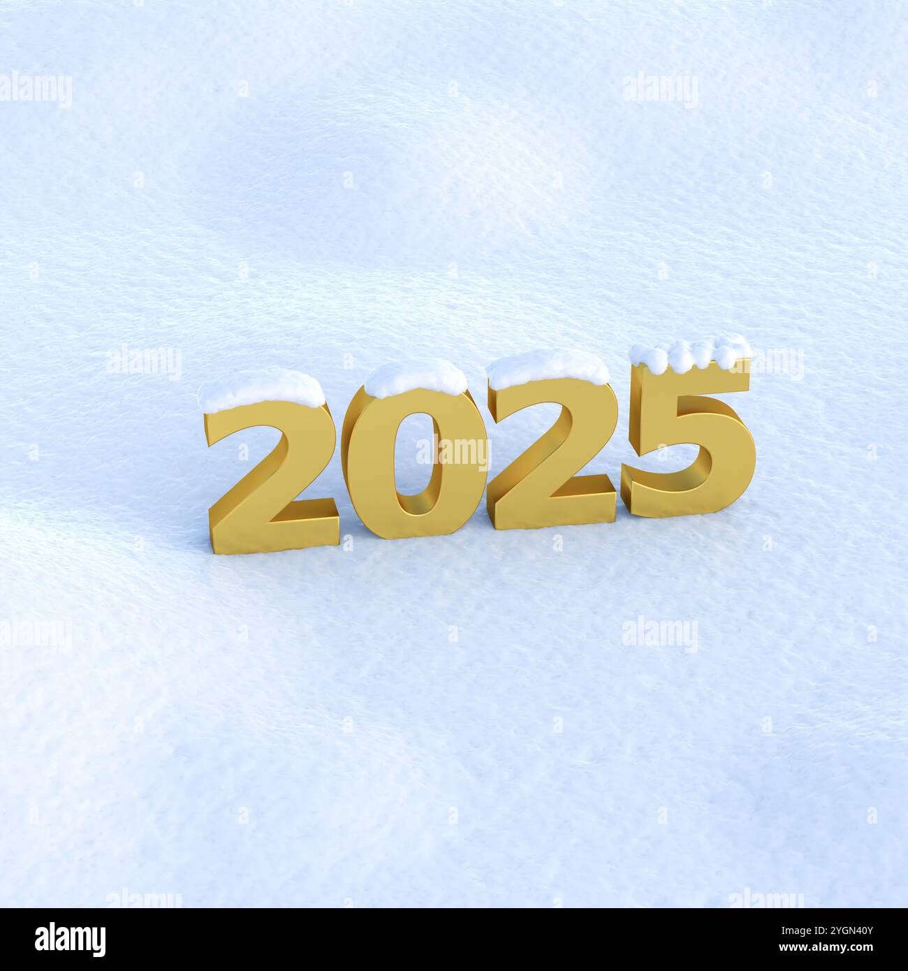 Happy New Year 2025 Konzept: Die goldenen Zahlen 2025 schneebedeckt und im Schnee stehend. Stockfoto