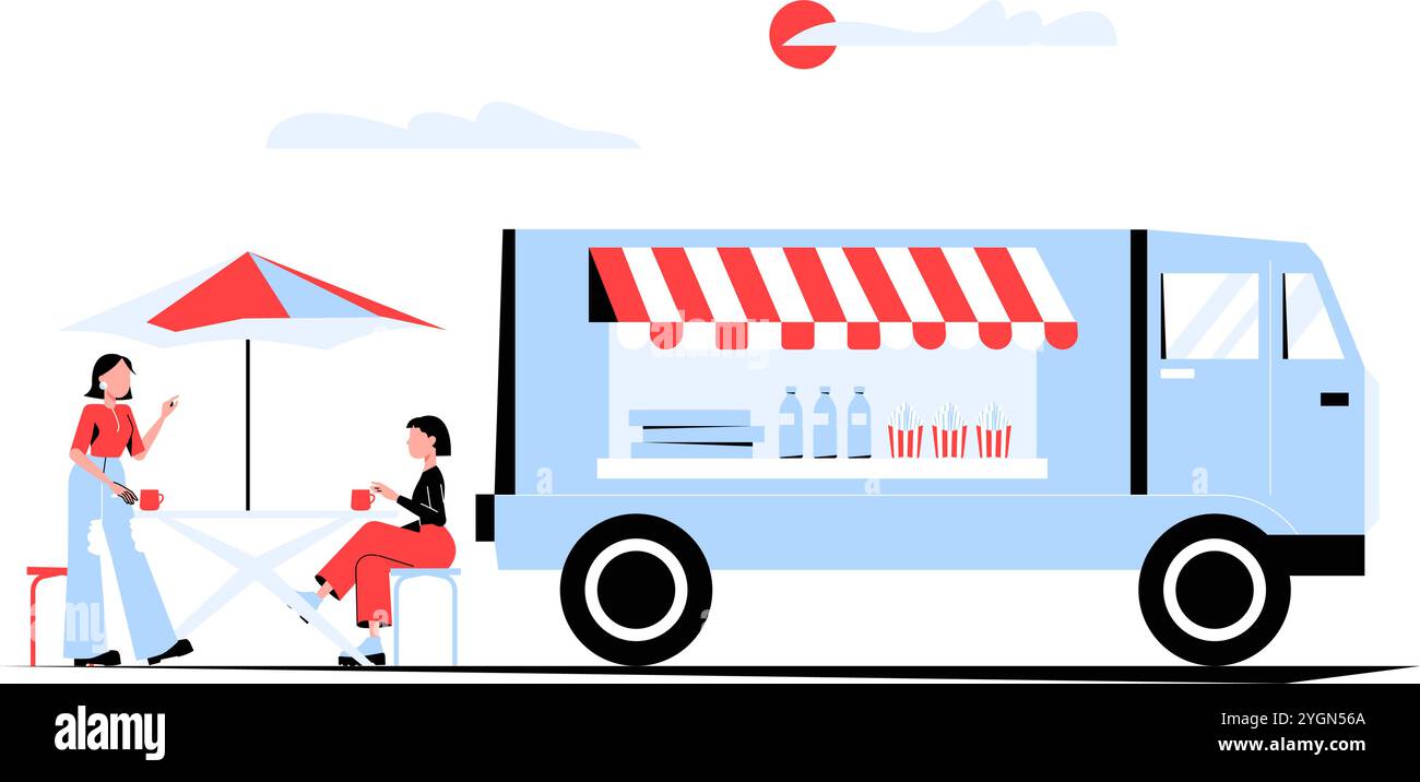 Food Truck Mit Kunden In Der Flachen Vektor-Illustration, Die Street Food, Outdoor Dining Und Social Gathering Symbolisiert, Isoliert Auf Weißem Hintergrund Stock Vektor