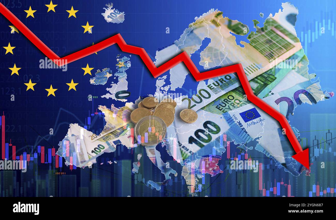 Der Fall des Euro auf der europäischen Landkarte. Konzept des sinkenden Euro-Wertes Stockfoto