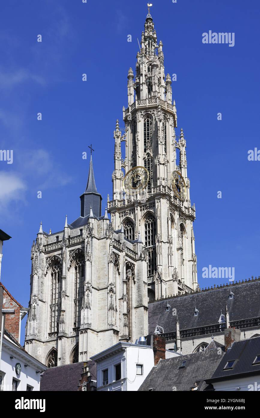 Turm der Kathedrale unserer Lieben Frau, Onze-Lieve-Vrouwekathedraal, gotisch, UNESCO-Weltkulturerbe, Antwerpen, Belgien, Europa Stockfoto