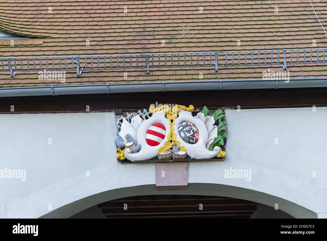 Schloss Neusorge, Familienwappen am Turmhaus, Zschoeppichen, Zschoeppichen, Sachsen, Deutschland, Europa Stockfoto