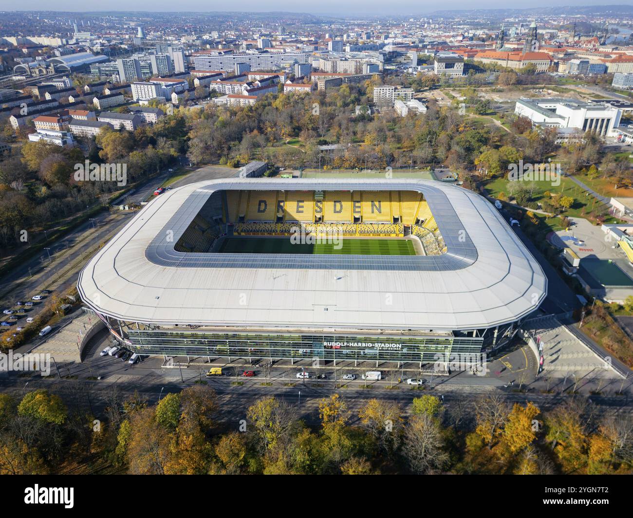 Rudolf-Harbig-Stadion, Heimstadion des Fußballvereins Dynamo Dresden, Luftaufnahme, Dresden, Sachsen, Deutschland, Europa Stockfoto