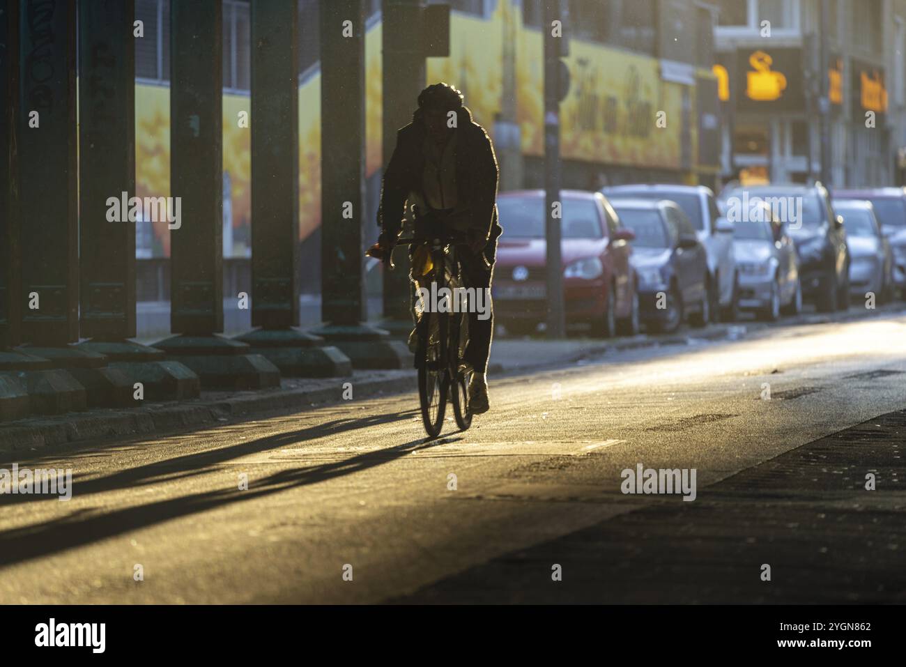 Radfahrer in schrägem Sonnenlicht im November, schlechte Sicht, Blendgefahr, Radweg, Radfahrer haben Vorrang vor dem Kraftverkehr, Köln, Nordrhein Stockfoto