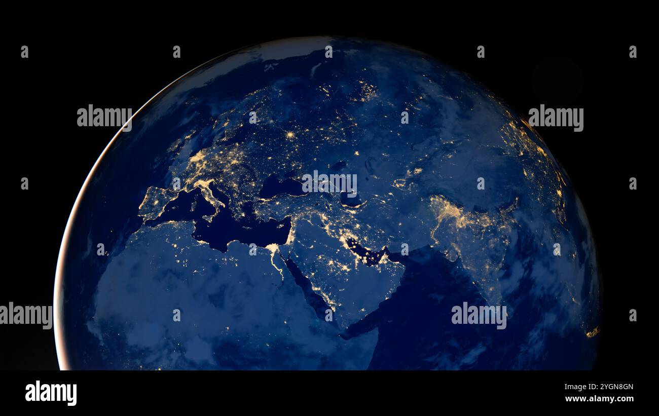 Erdkugel bei Nacht mit Stadtlichtern. HD-Satellitenbild. Elemente dieses Bildes, bereitgestellt von der NASA Stockfoto